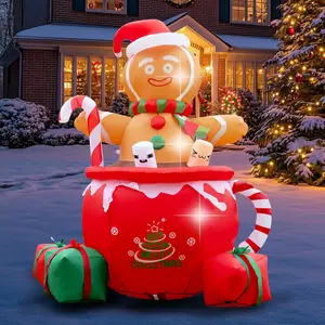 6ft Gingerbread Christmas Inflatable Outdoor Decoration, Christmas Outdoor Decoration Blow up Gingerbread Mug Yard Decorations Clearance with Built-in LEDs for Indoor Garden Lawn Party Decor