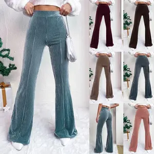 Solid Color Women's Velvet Pants Bell Bottom Flare Pants High Waist Warm Long Pants