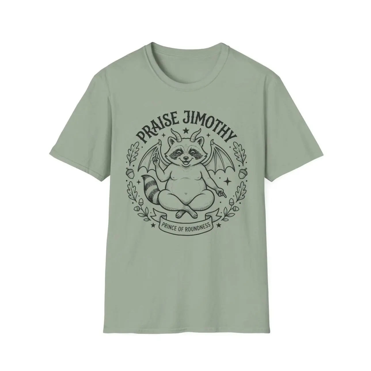 Praise Jimothy T-Shirt — Cute Raccoon Baphomet Graphic Tee for Quirky Gag Gift, Cotton