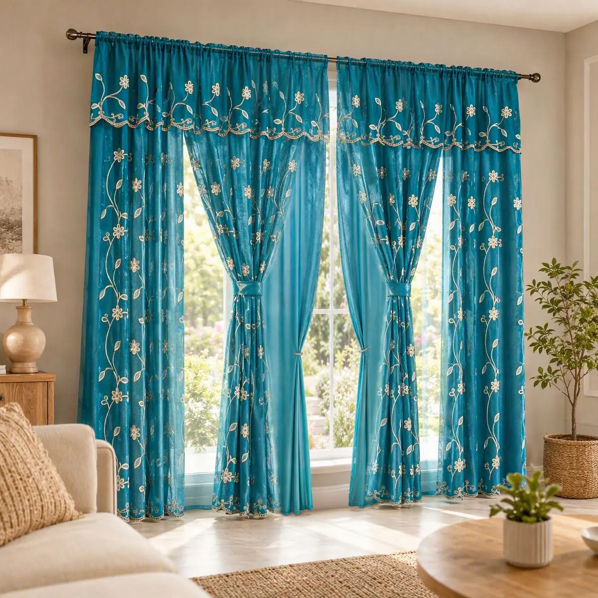 European Embroidery Curtain Set 4 Panels 52x84 Inch Plus Valance 52x18, Classic Double Layer Drapes with Satin Blackout Lining, Vintage Rod Pocket Complete Window Treatment, Timeless Elegant Decor for Sitting Room Dining Living Room Bedroom QF29
