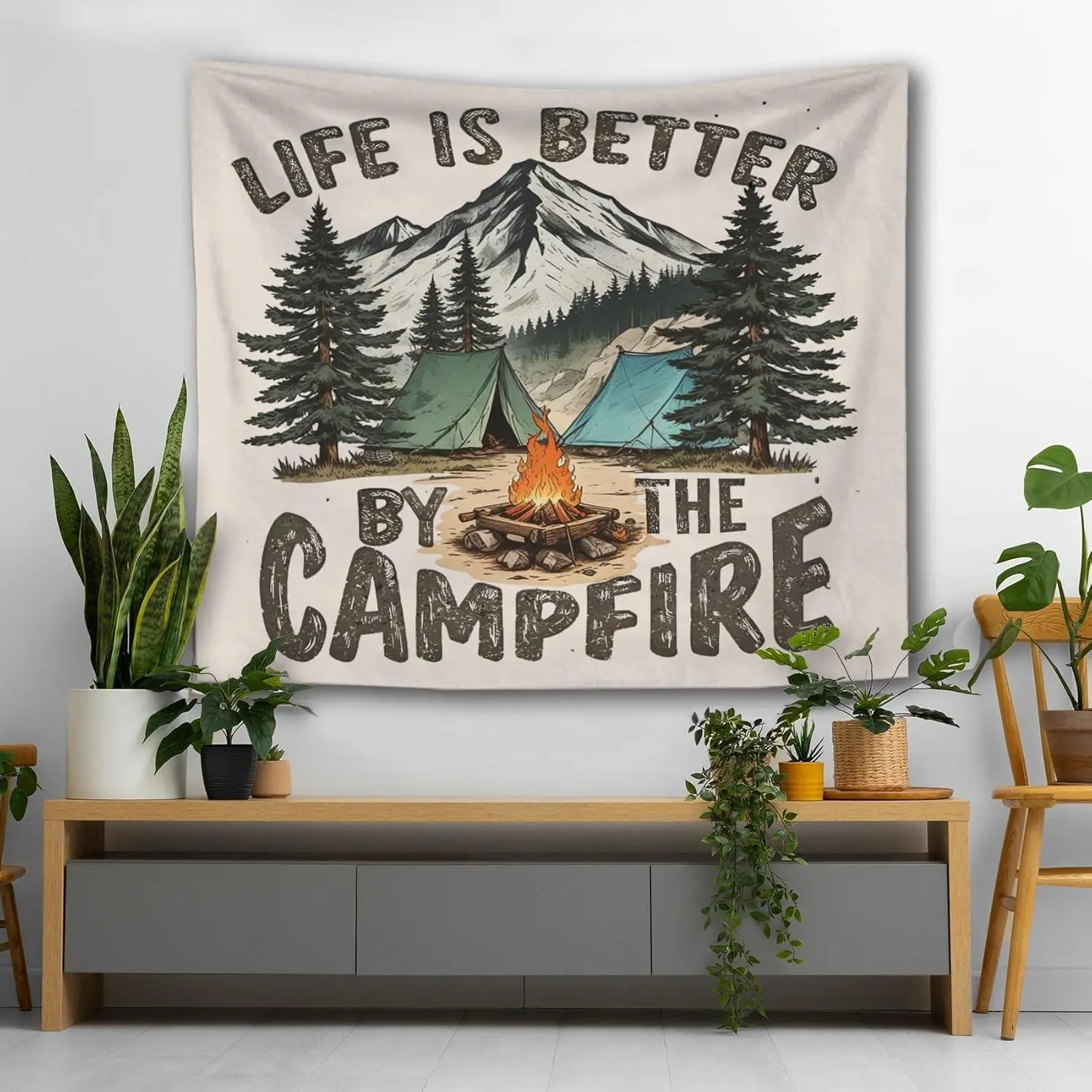 Retro Camping Tapestry, Gifts for Camping Lovers Tapestry Wall Hanging, Woodland Campfire Camper Wall Tapestries for Bedroom Living Room Home Camper Cabin Decor, 50x60 Inch