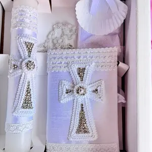 Set de Velas para Bautizo 8”Candle, Rosary, New Testament & Decorative Elements in Box for Boys and Girls English & Spanish white