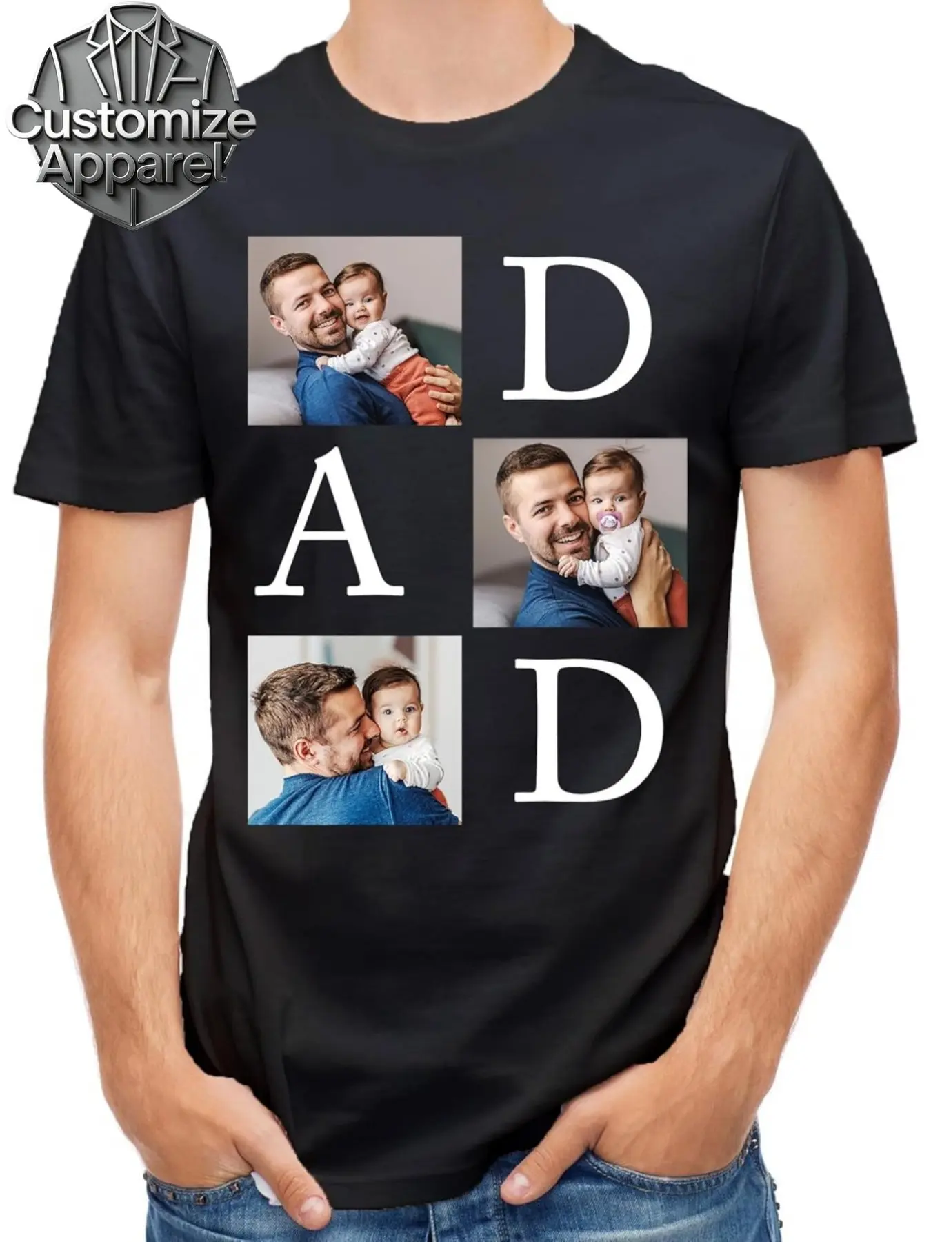 Custom Father's Day T-Shirt, Personalized Dad Gift with Photo and Name, Loose-Fitting Long Top, Casual All-Season Men's Clothing