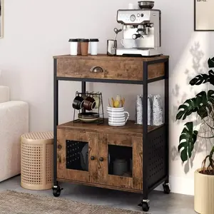 [Summer Vibes] HOMBCK Kitchen Cart with Wheels, Rolling Microwave Cart with Drawer and Storage, Coffee Cart, Brown Adjustable Cabinet Shelf