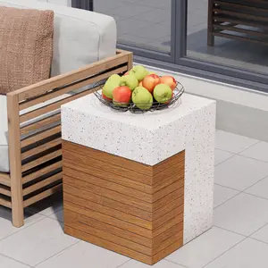 Outdoor Concrete Side Table, Multicolored Stone Patchwork Outdoor Accent Table, Square Cement Side Table Garden Stool in Woodgrain for Backyard