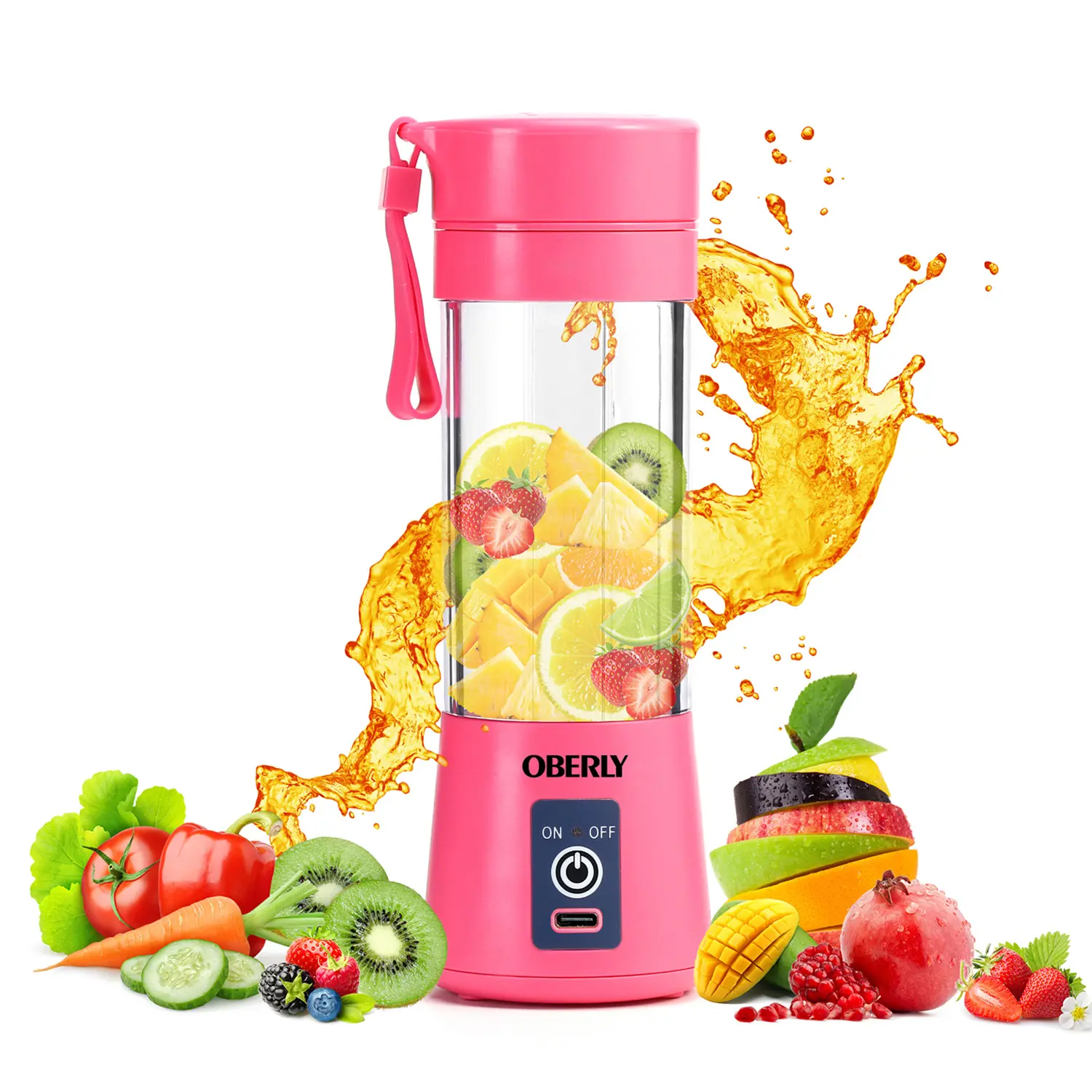 OBERLY Personal for Protein with USB Rechargeable, 6-Point Stainless Steel Blades, 13oz Travel Cup for Gym, Car, Office, On the Go, Pink