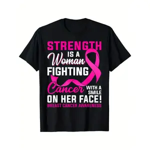 Women's Fitted Shortsleeve Breast Cancer Awareness T-Shirt - Round Neck, Pink Ribbon, Joyful Face, Vintage Metalcore Graphic, 100% Soft Fabric, for Charity Events, Casual Wear