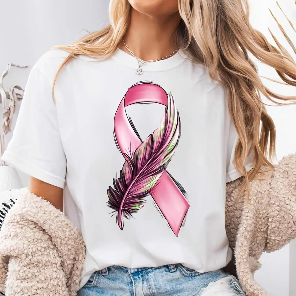 Women Pink Ribbon Feather T-Shirt, Breast Cancer Awareness Month Support Gift, Casual Daily Wear Survivor Advocacy Top