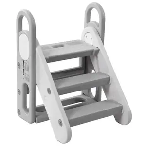 Foldable Kids Step Stool, Folding Toddler Step Stool for Bathroom Sink, Potty Training, Kitchen Counter, Plastic Learning Helper Stool with Handles, Non-Slip and Adjustable, Grey+White