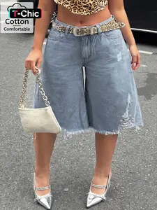 Women's Ripped Edge Seven-Eighths Jeans, Summer Wide Leg Design, Sexy Fitted Button Fly, Natural Waist, Long/regular Length