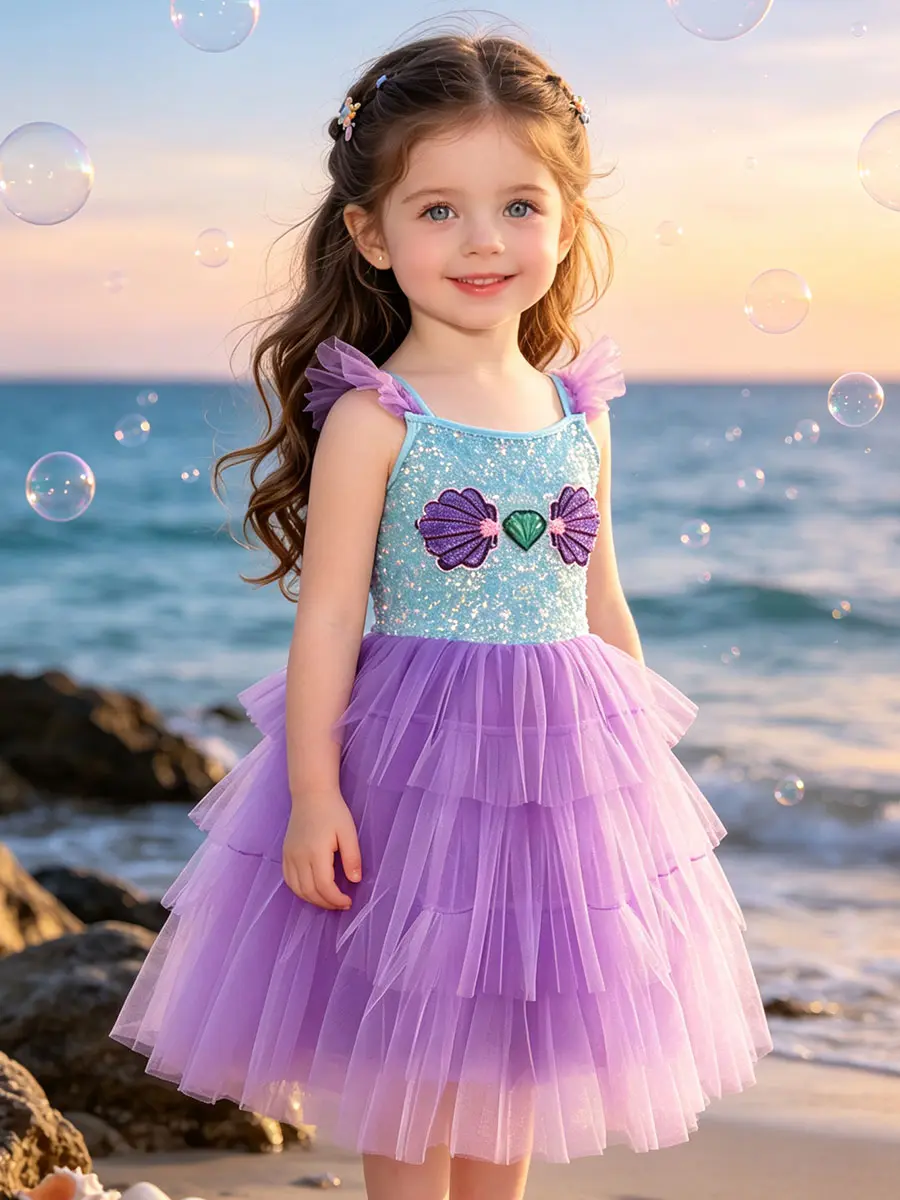Girls' Sparkly Blue Spaghetti Strap Tutu Dress - Plain Midi-Length, Shell & Heart Gem Embroidery, Multi-Layer Purple Gradient Cake Tulle Skirt, Prop 65 Safe for Ocean Party & Birthday
