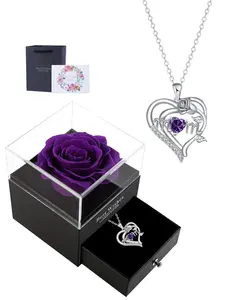 Rose Mom Heart Pendant Necklaces With Purple Rose Jewelry Gift Box, CZ Birthstone Mama Necklace, Ideal Mothers Day  Birthday Jewelry Gifts for Mom Grandma