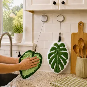 Retractable Plant Hand Towel with Heavy Duty Metal Clip, Super Absorbent Hanging Monstera Leaf Washcloth for Kitchen & Bathroom, No-Drill Adhesive Towel Holder Set