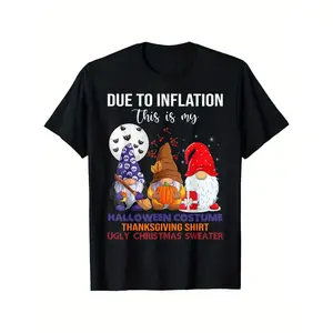 Humorous 100% Cotton T-Shirt - "Due to Inflation This Is My Halloween Thanksgiving Christmas Shirt" - Featuring Gnomes in Costumes, Short Sleeve, Round Neck, Black, Ideal Gift for Men & Women, Sizes S-XXXL, Gift  Casual Comfy Breathable Birthday
