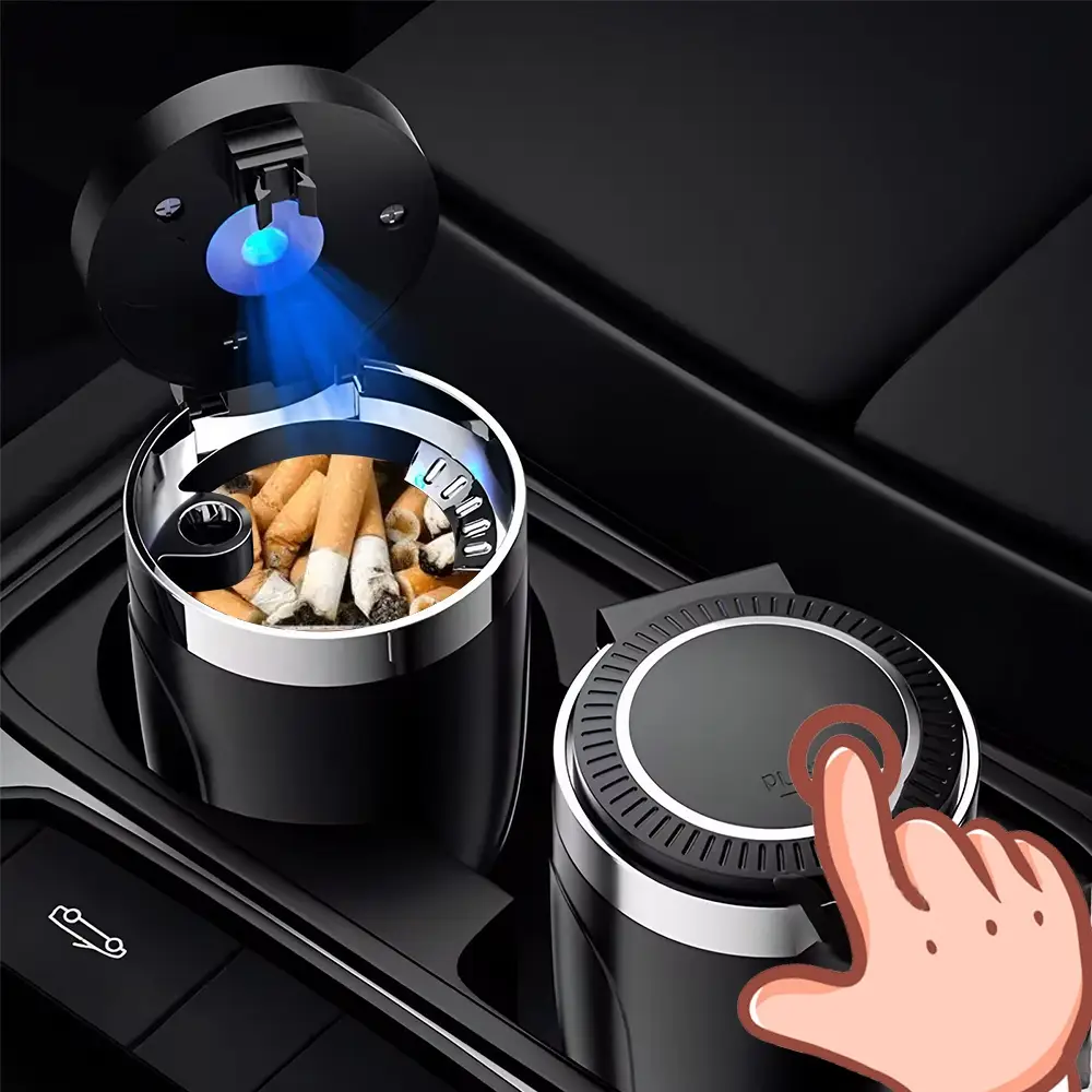 Portable Car Ashtray with LED Light, Car Cigarette Ash Tray with Lid, Detachable Stainless Steel Car Ashtray, Car Interior Accessories for Most Cars,