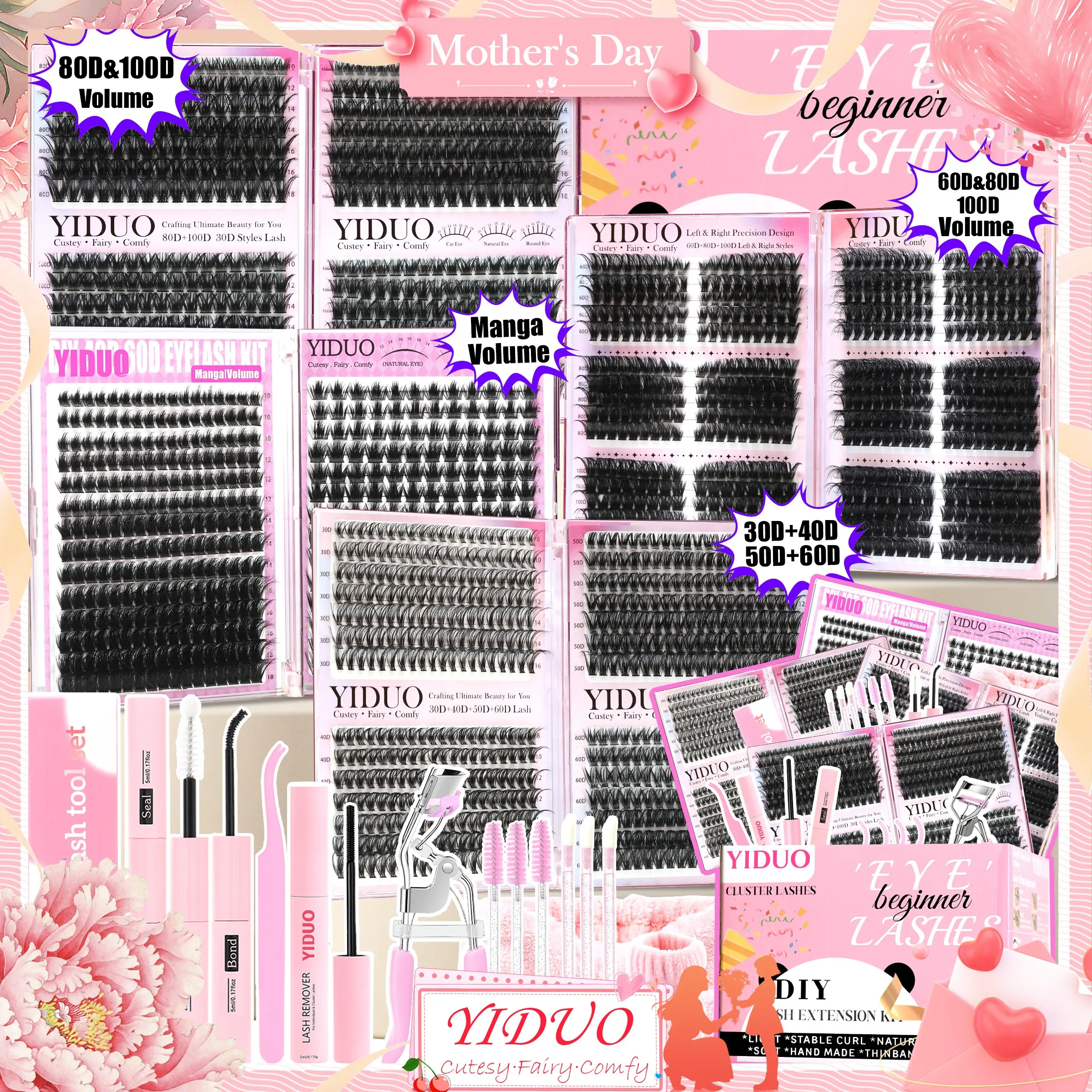 Eyelash Cluster Kit(1894/2152 Pcs) 30D-100D&Cat Eye &Lash Clusters Spikes D-Curl Cluster Eyelash Extension Kit with Adhesive, Eyelash curler and Eye Makeup Tools, Eyelashes Extension Set, for DIY at Home