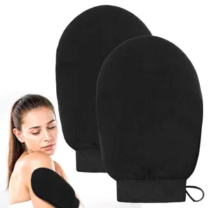 2PCS Korean Exfoliating Mitts for Body Scrubbing - Soft Viscose Fiber Exfoliating Gloves for Men & Women - Black Self Tanning Mitts for Home Spa Experience - Bath