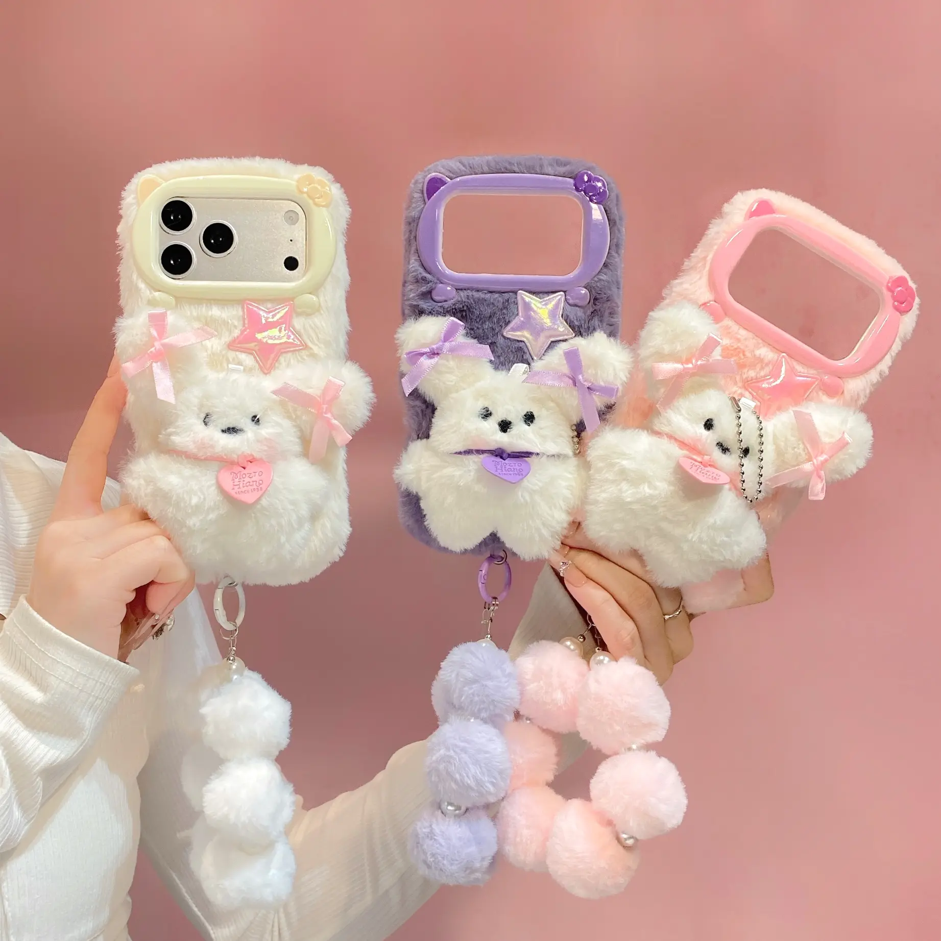 Cute Pink Cartoon 3D Plush Charm Smartphone Case - Lightweight, Anti-Drop, Shockproof, Dustproof Protection for iPhone 17/16/15/14/13/12/11 Pro Max, Multi-Size Device Accessory with Chain, Cute 3D Doll Look, Devices