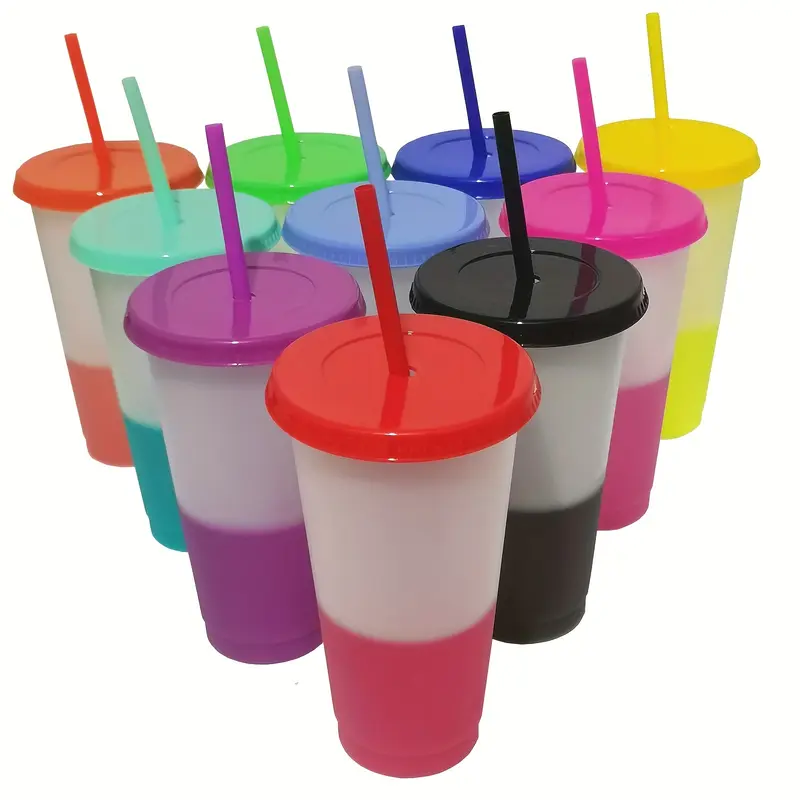 24oz Outdoor Party Cup with Cold-Activated Color Change, Leak-Proof Straw Lid, 10 Vibrant Colors, Reusable, Portable, Ideal for Camping, Hiking & BBQ