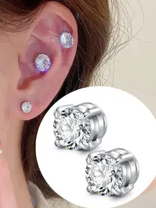 Magnetic Ear Studs, Sparkling Zirconia Decor, Clip-On Earrings, Retro Bohemian Style, Non-Pierced Jewelry for Men & Women, Trendy Jewelry