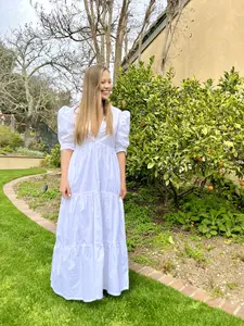 Florabel White Maxi dress puff sleeves v-neck elegant bridal shower rehearsal dinner bride vestido largo blanco con mangas abombadas cuello V shower novia