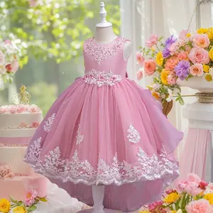 Girls Elegant Pink Tulle Lace Dress Sleeveless Princess Dress for Wedding Birthday Occasion first  communion  dress