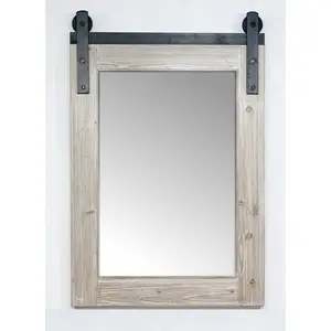 InFurniture  26 in. Rustic Solid Fur Barn Door Style Mirror, Driftwood - 26.6 x 39 in.
