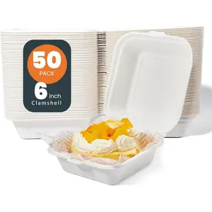 To Go Containers Disposable - 6"x6" 50 count White Clamshell Take Out  Containers  Compostable, Biodegradable Bagasse Meal Prep Bento Box, To Go Containers with  for
