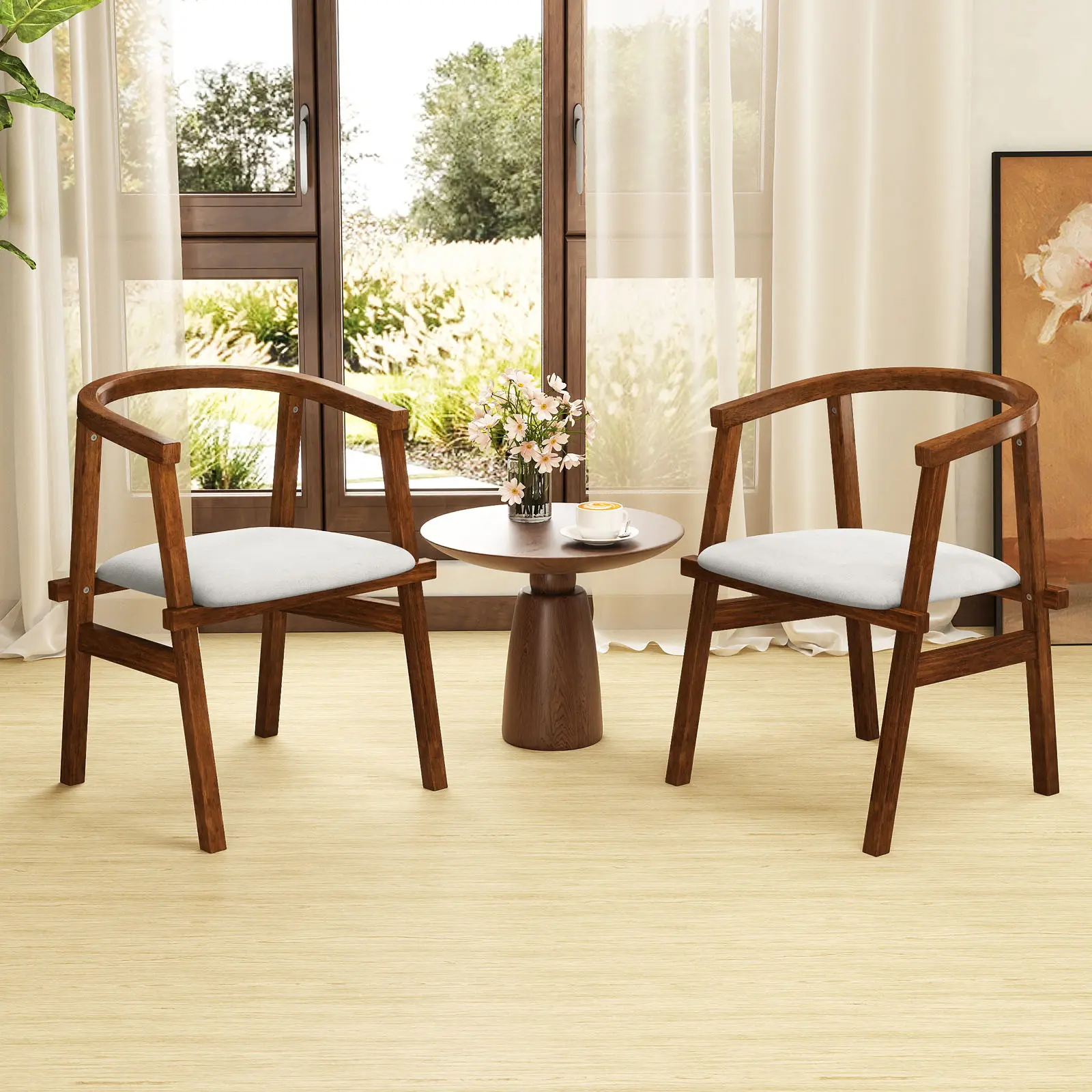 COSTWAY - Set of 2 Solid Rubber Wood Dining Room Chairs with Wrap-around Armrest-Walnut