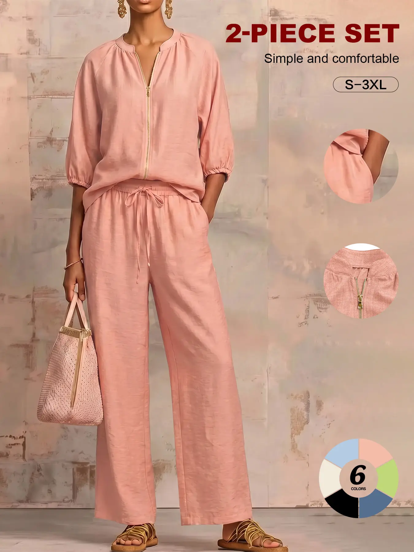 Women’s matching loungewear set: half-zip pullover two-piece tracksuit (with loose, wide-leg pants) — casual outerwear style summerwins,summerwins