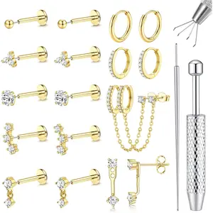 16G/18G/20G Flat Back Earrings for Women Threadless Surgical Steel Stud Hoop Earrings Push in Nose Studs Hypoallergenic CZ Cartilage Earring Set Labret Helix Tragus Conch Piercing Jewelry