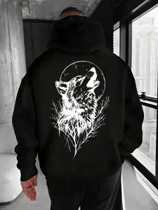 Men's Wolf Print Hoodie, Cozy Casual Pullover Sweatshirt with Drawstring & Kangaroo Pocket, Black with White Wolf Design, All-Season Comfort, Everyday Comfort Apparel | Stylish Hooded Sweatshirt Hoodie