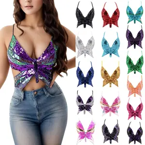 Y2k Butterfly Sequin Crop Top Women Summer Backless V Neck Club Costume Outfits Festival Clothes New Bandage Bra Tops