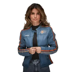 Women's Gulf Lambskin Leather Racing Jacket in Vintage Gulf Blue