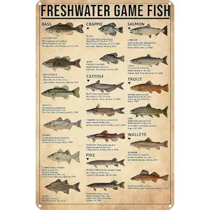 Vintage Fishing Wall Decor Sign,FreshWater Game Fish Knowledge,Metal Rustic Cabin Lake House Hunting Tin Sign for Outside,Home,Kitchen,Wall Decor Accessories,Fishing Gifts for men boys,8 x 12 in