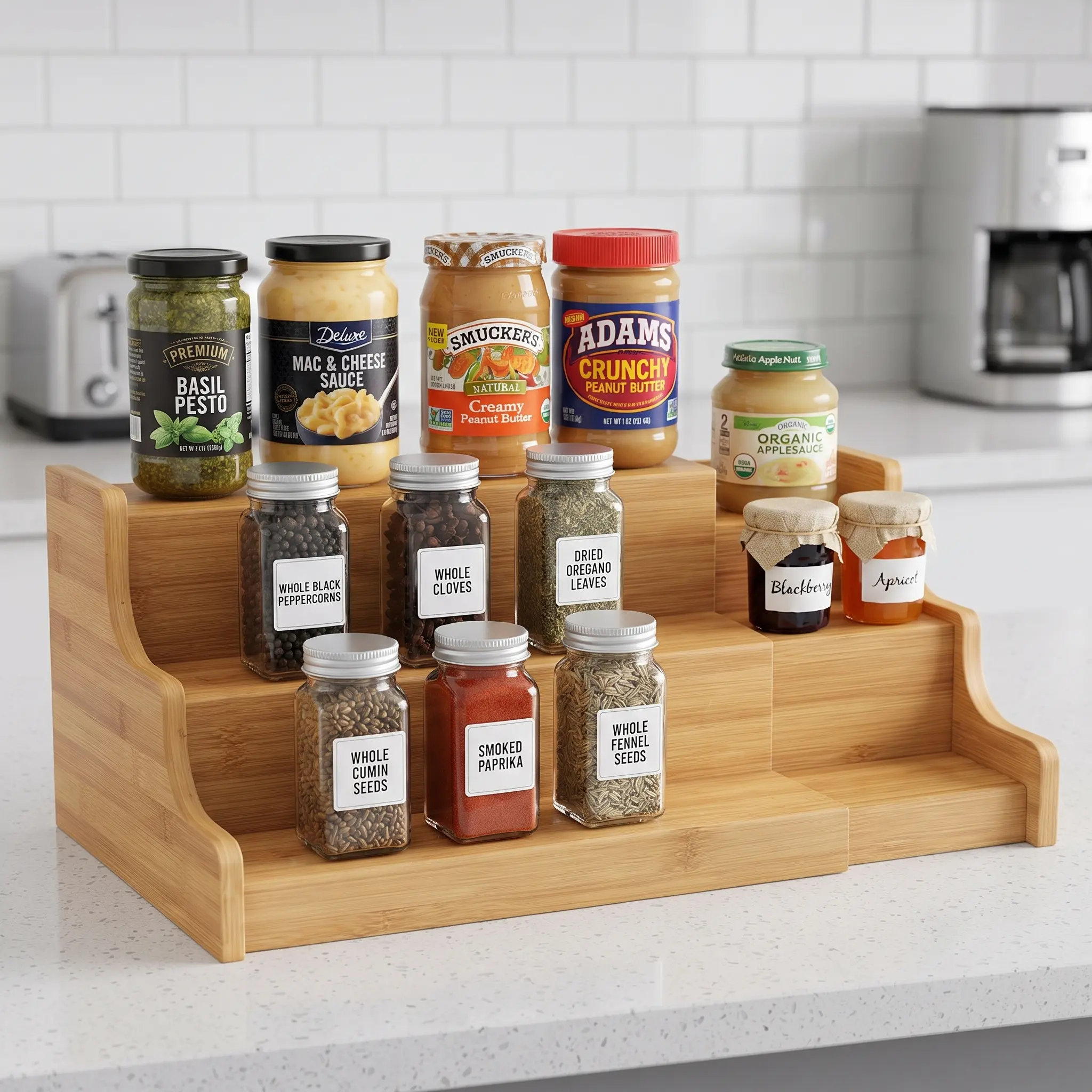 3 Tier Expandable Bamboo Spice Rack Organizer for Kitchen Cabinet Countertop Pantry Shelf