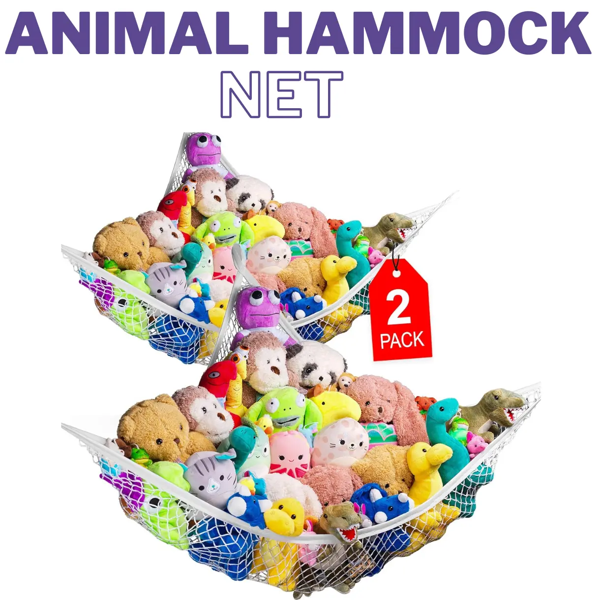 2-Pack Stuffed Animal Hammock Net Corner Hanging Mesh Toy Organizer for Kids Room, Flexible Storage for Plushies, Teddy Bears, Squishmallows & More