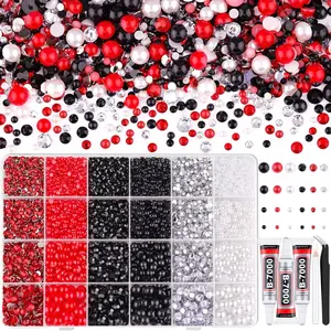 14000PCS Flatback Pearls and Rhinestones Bedazzling Kit, 3-10mm Red White Black Resin Rhinestones and Half Pearls for Crafting Nail Art Decoration with 3pcs B7000 Jewelry Glue