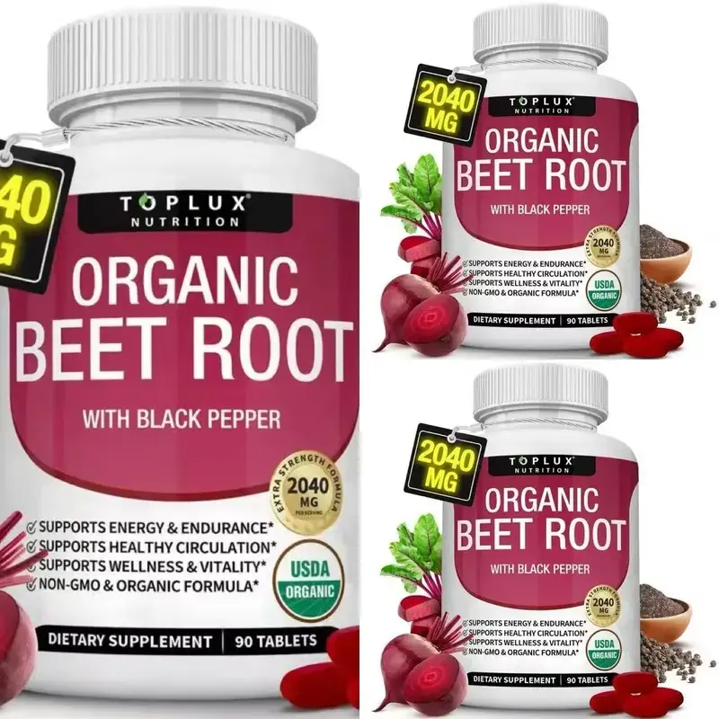 （Flash Sale 3 bottles）Toplux Organic Beet Root Powder Tablets - 2040mg Natural Nitric Oxide Beets to Support, Energy, Black Pepper Better Absorption, Non-GMO, for Men Women, 90 Tablets