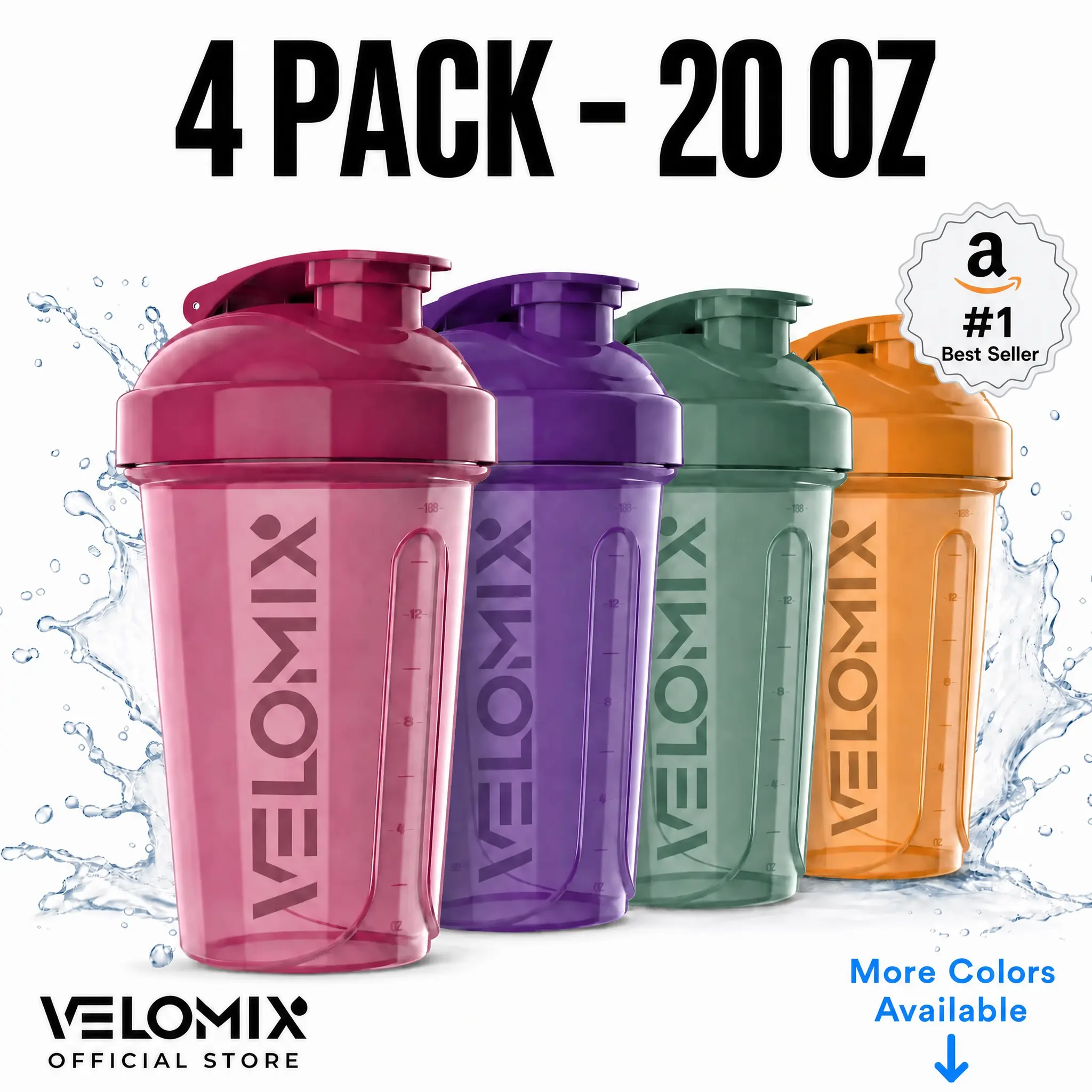 VELOMIX 4-Pack 20oz Protein Shaker Bottles - BPA-Free, Leak-Proof Gym Accessories Water Bottles with Wire Whisk Ball for Gym Essentials (Multiple Colors), Drink Bottle, Workout