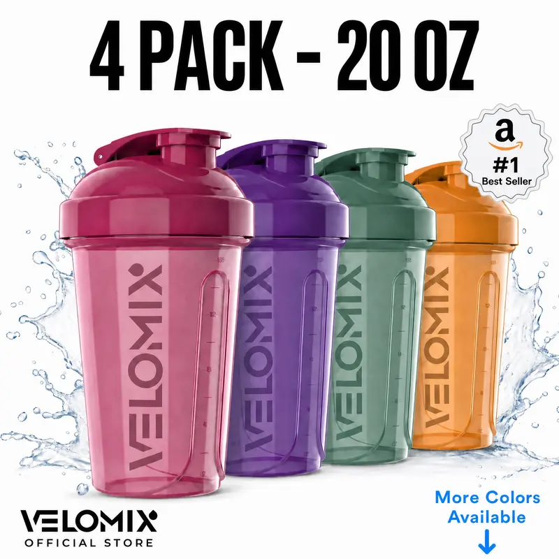 VELOMIX Unisex 4-Pack 20 oz BPA-Free Leak-Proof Protein Shaker Drink Bottles with Steel Whisk Ball - Polypropylene (PP), Fast-Removing Ball, Cup-Fitting Lid, Standard Size for Gym, Sports Drinks, Water (Multiple Colors), Drink Bottle