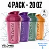 VELOMIX Unisex 4-Pack 20 oz BPA-Free Leak-Proof Protein Shaker Drink Bottles with Steel Whisk Ball - Polypropylene (PP), Fast-Removing Ball, Cup-Fitting Lid, Standard Size for Gym, Sports Drinks, Water (Multiple Colors), Drink Bottle