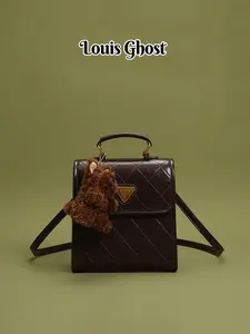 Mini backpack: Cute plush bear pendant convertible messenger bag; Y2K aesthetic retro leather women's bag; Designer custom triangular logo handbag; Fashionable two-in-one women's crossbody bag; Elegant daily travel backpack with rivet details