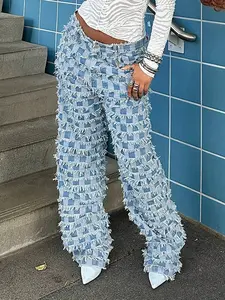 Elengatine Viral Fringe Patchwork Jeans for Women | Y2K Checker Denim Wide Leg Pants | Heavy Fringe Texture, Statement Streetwear Look | High Fashion, Trendy & Eye-Catching | Perfect for Spring Summer Outfits, Festival Wear BTN134