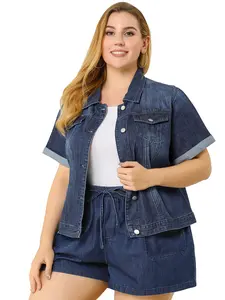 Agnes Orinda Plus Size Denim Jacket Button Front Work Crop Jean Short Sleeves Jackets