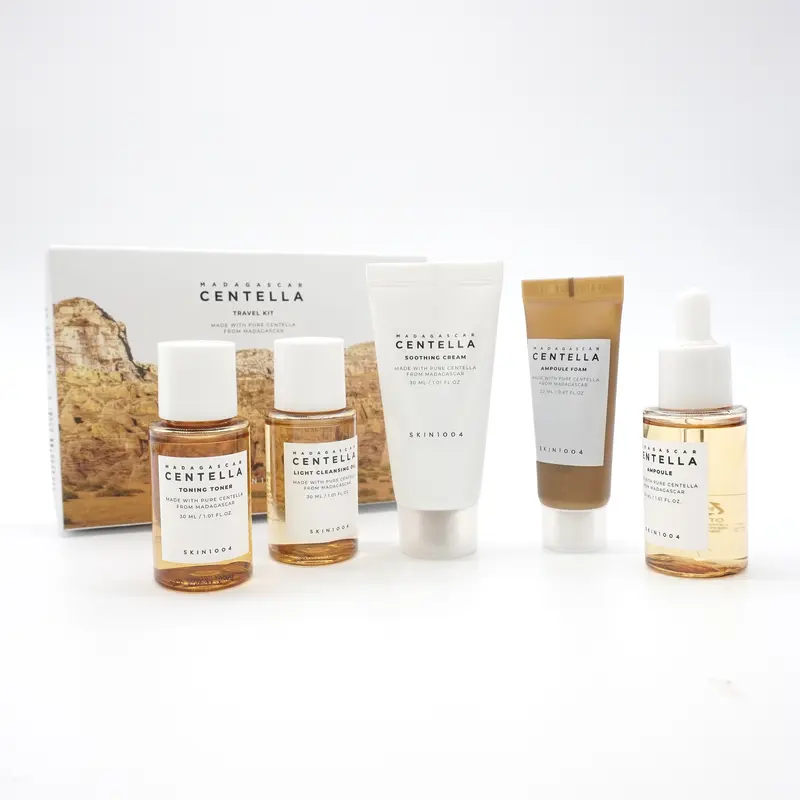 SKIN1004 Madagascar Centella Travel-Friendly Skincare Kit - Mini Toiletries for Purse, Selfcare Set with Centella Asiatica, Hyaluronic Acid, Madecassoside - Calming, Soothing Moisturizer & Repair Cleansing for All Skin Types (Ampoule, Toner, Serum, Cream)