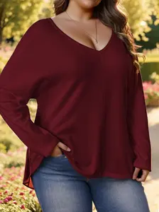 Womens Plus Size Long Sleeve Shirts V Neck Basic Tee Tops Loose Fit Spring Outfits for Women 0XL-4XL