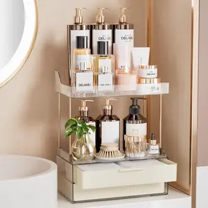 Delamu Bathroom Organizers and Storage, 2 Tier 2 Drawer Makeup Organizer Countertop, Easy to Install, Ideal for Bathroom Counter, Vanity, Ideal for Women Girls, Cream White