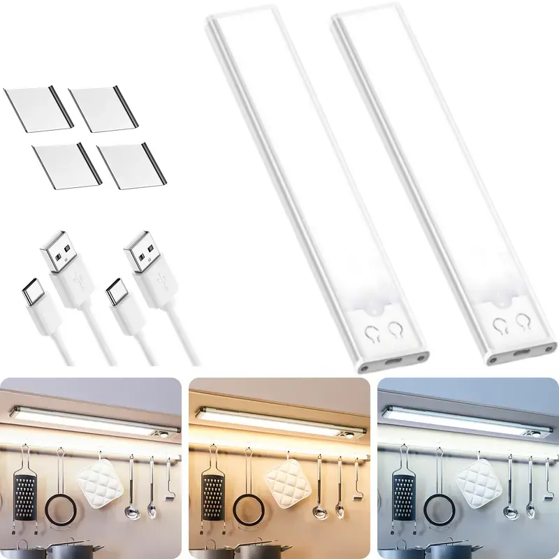 4pack Under Cabinet Lights, Rechargeable Operated Motion Sensor Lights Indoor, Wireless Dimmable Closet Lights, 3 Color Under Counter Magnetic Night Lights for Kitchen, Stair