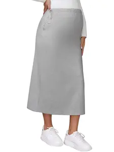 INSPIRE CHIC Women's Business Maternity Skirts Straight Casual Over the Belly Stretchy Knit Midi Pregnancy Skirt Gray